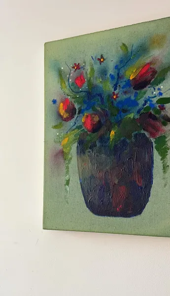 Image of Tulips by Anna Shkinder, size: 30х40 cm, made of Acrylic on raw canvas, Painting medium, from Lutsk, part of the Vases series, priced at $125 Photo 2 of 3.