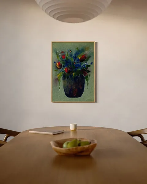 Image of Tulips by Anna Shkinder, size: 30х40 cm, made of Acrylic on raw canvas, Painting medium, from Lutsk, part of the Vases series, priced at $125 Photo 4 of 4.
