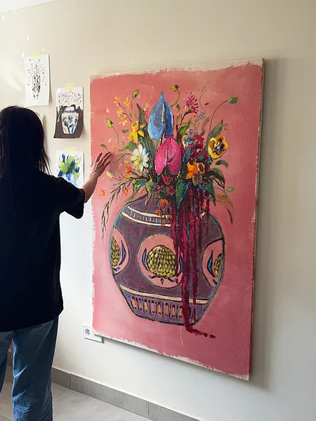 Зображення "Букет з амарантом" від Анна Шкіндер, розмір: 100x150 cm, матеріали: Акрил на негрунтованому полотні, медіум: Живопис, місто: Луцьк, серія: Вази, ціна: $300 Фото 3 з 7.