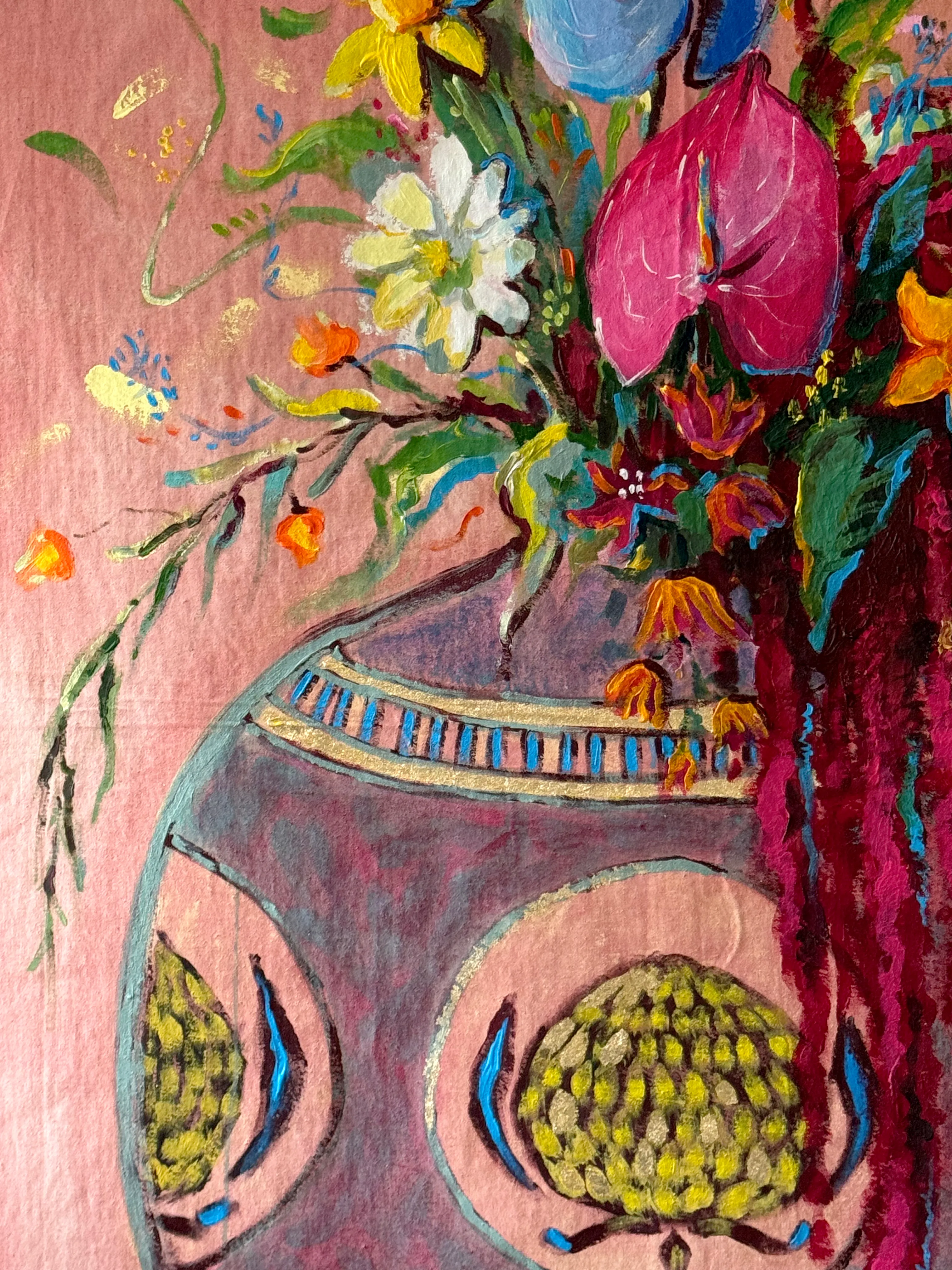 Image of Bouquet with Amaranth by Anna Shkinder, size: 100x150 cm, made of Acrylic on raw canvas, Painting medium, from Lutsk, part of the Vases series, priced at $300 Photo 5 of 7.