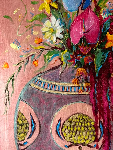 Image of Bouquet with Amaranth by Anna Shkinder, size: 100x150 cm, made of Acrylic on raw canvas, Painting medium, from Lutsk, part of the Vases series, priced at $300 Photo 5 of 7.