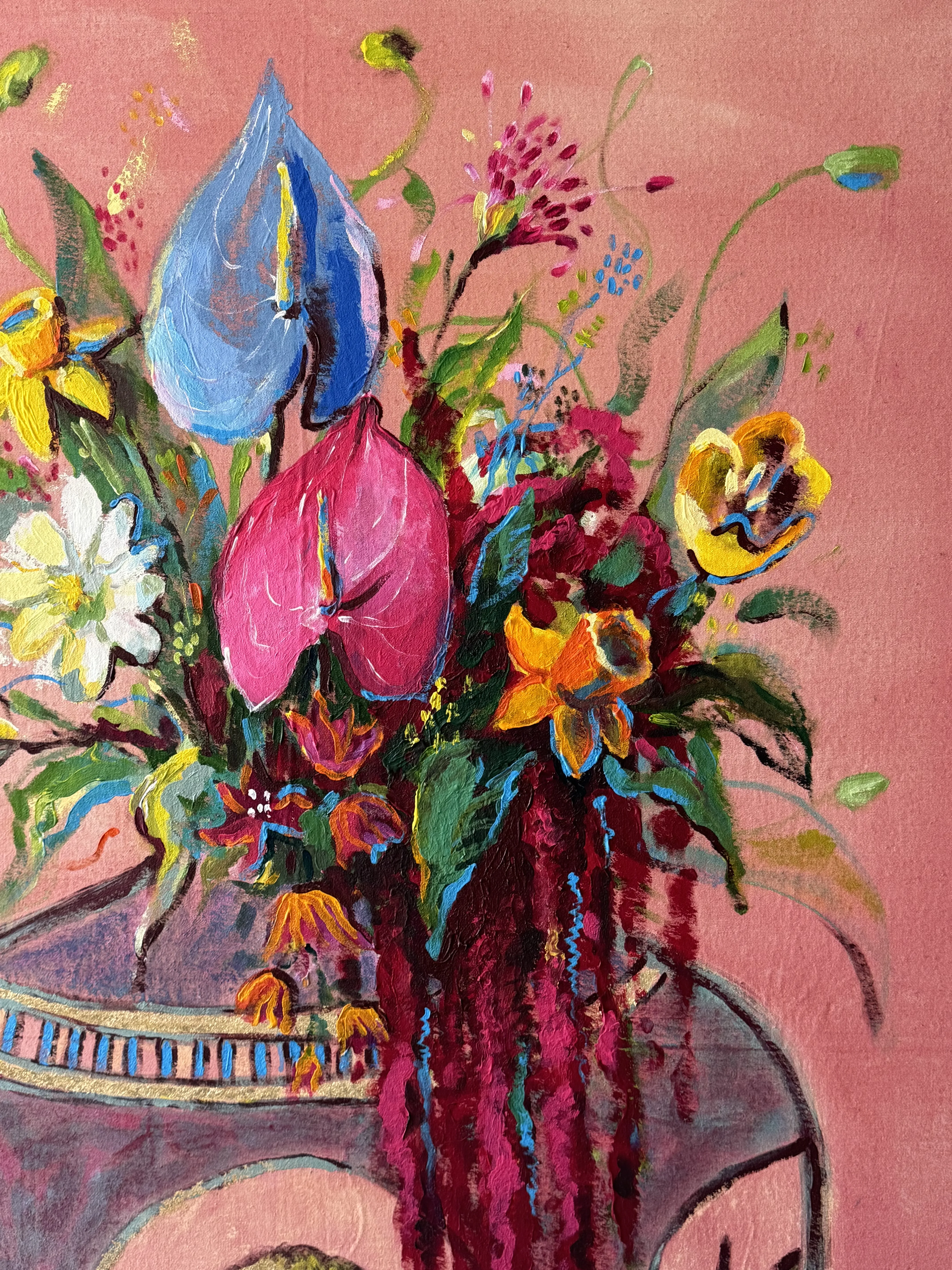 Image of Bouquet with Amaranth by Anna Shkinder, size: 100x150 cm, made of Acrylic on raw canvas, Painting medium, from Lutsk, part of the Vases series, priced at $300 Photo 7 of 7.