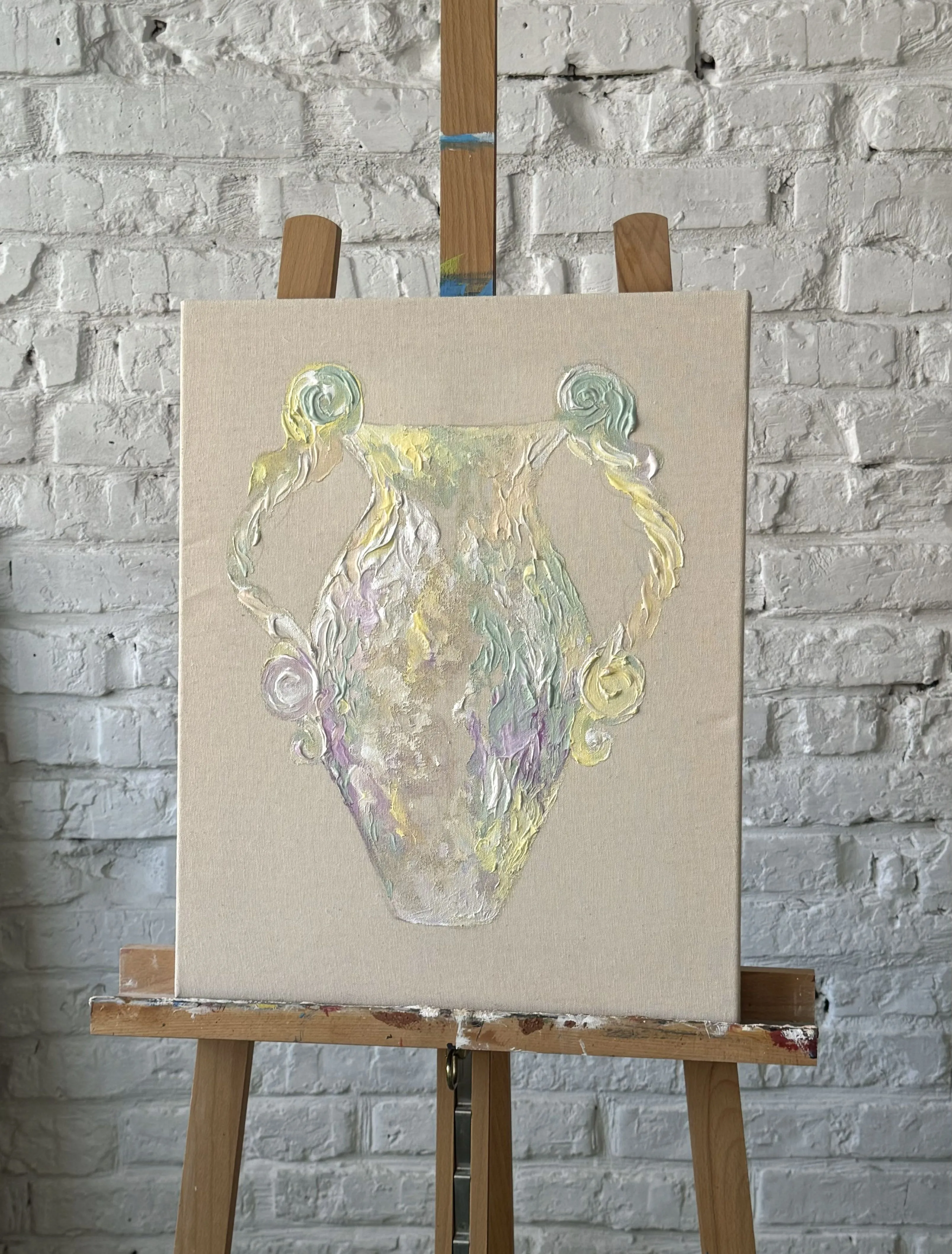 Image of Pearly Amphora by Anna Shkinder, size: 40x50 cm, made of Acrylic on raw canvas, Vessels medium, from Lutsk, part of the Vessels series, priced at $200 Photo 3 of 6.
